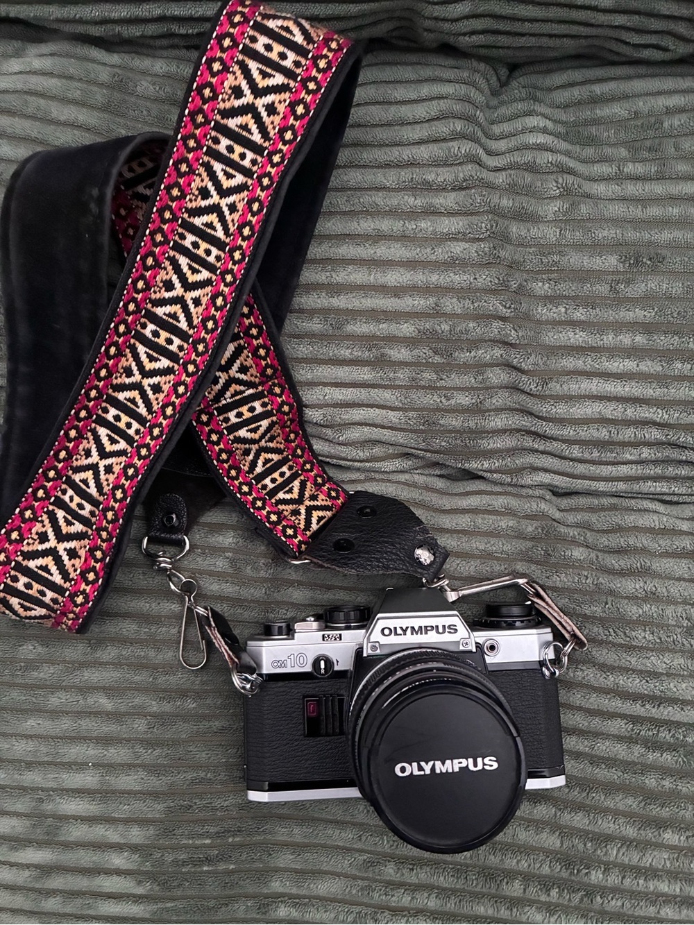 Olympus OM10 35mm Film Camera with Pink Patterned Strap